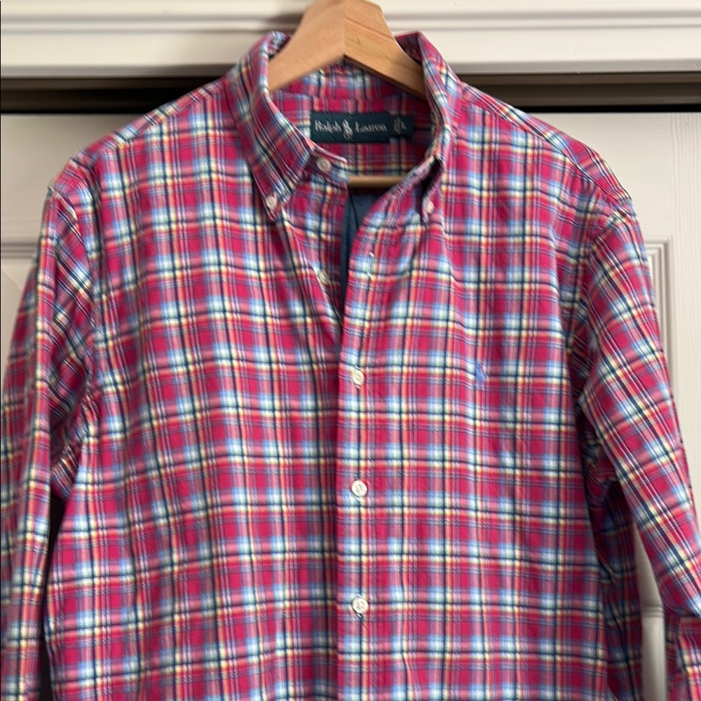 Ralph Lauren Denim Lined Men's Large Pink Plaid Shirt Preppy Casual Size Large